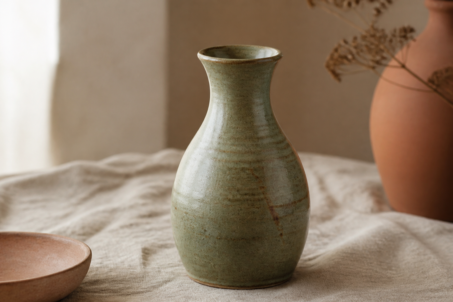 Sage Carafe, wood-ash glazed stoneware